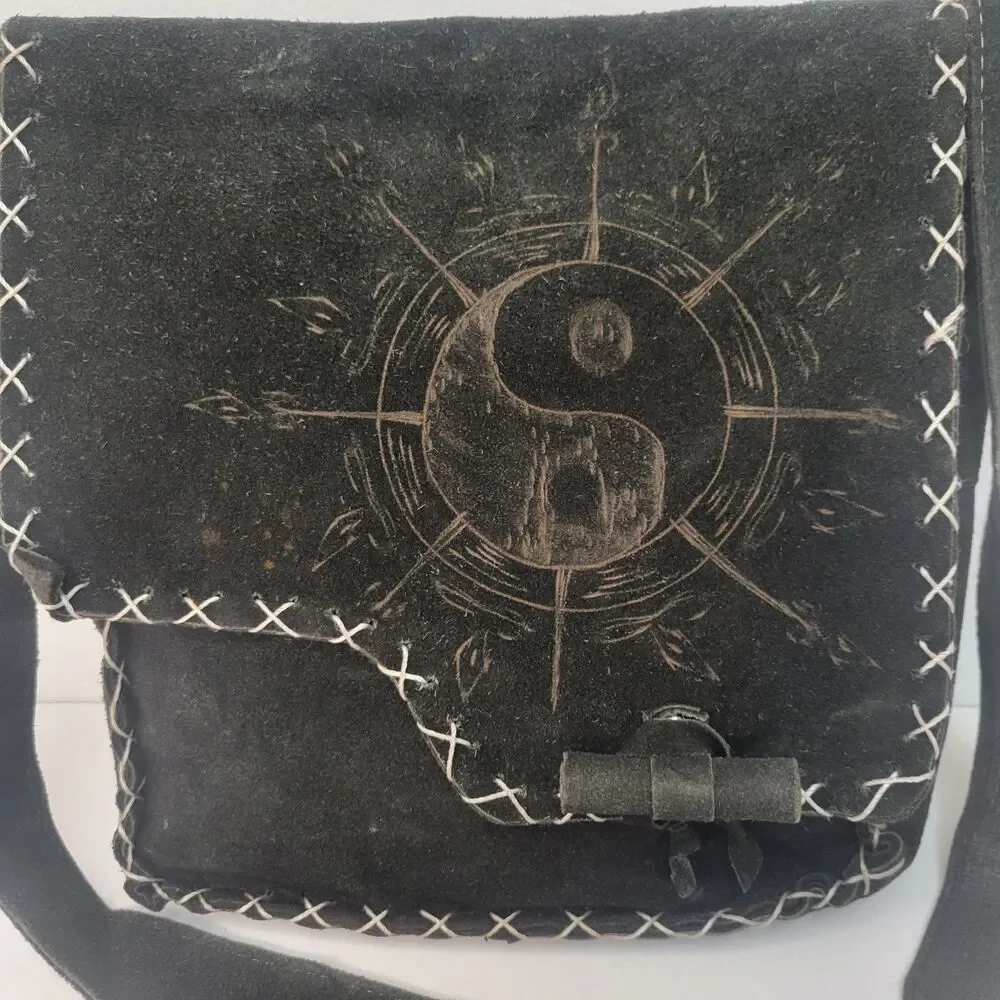 Black Suede Leather Crossbody Bag Yin Yang Handmade Boho Hippie Distressed